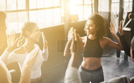 Photo for Funny, high five and teamwork of people in gym for fitness, team building and solidarity. Collaboration, group of friends and celebration for exercise targets, goals or support, success or lens flare. - Royalty Free Image
