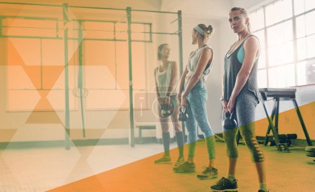 Photo for Fitness, portrait and woman with a kettlebell at gym for exercise, workout and training. Athlete women group together for strong muscle, weight or power challenge at wellness club with mockup overlay. - Royalty Free Image