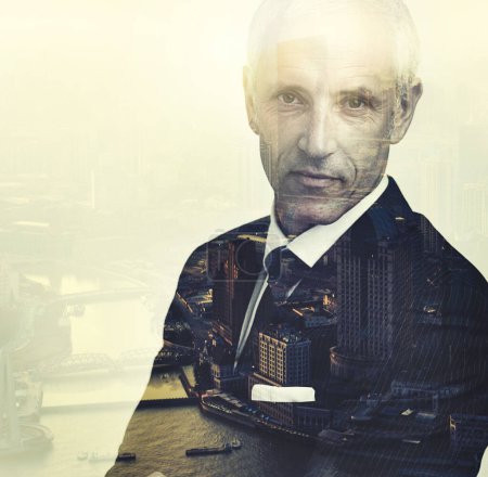 Photo for Confidence is the key to to city. Cropped portrait of a corporate businessman superimposed over a city - Royalty Free Image