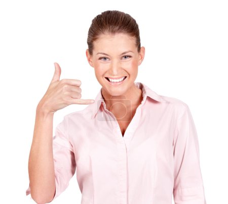 Photo for Portrait, happy woman and call me hand gesture in white background, isolated studio and communication. Face of female model, calling sign and telephone emoji for connection, contact us and smile. - Royalty Free Image