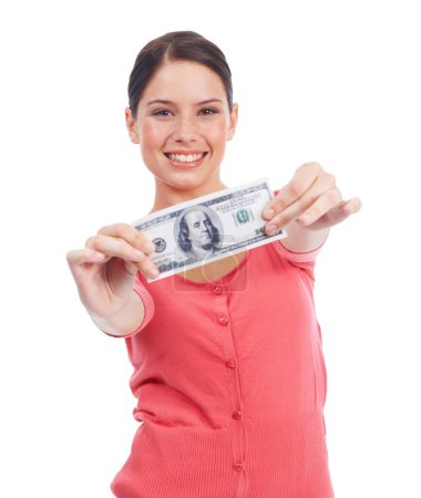Photo for Happy, smile and money with portrait of woman for investment and success in studio. Cash, dollar and wow with face of girl customer isolated on white background for financial, deal and promotion. - Royalty Free Image
