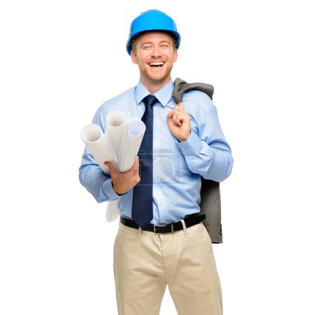 Photo for Always ready to design. a handsome young contractor standing alone in the studio and holding blueprints - Royalty Free Image