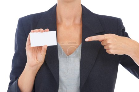 Photo for The business card for you. a businesswoman pointing towards a blank business card - Royalty Free Image