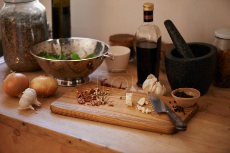 Photo for A healthy selection of ingredients for salad. a variety of vegetables and ingredients on a cutting board - Royalty Free Image