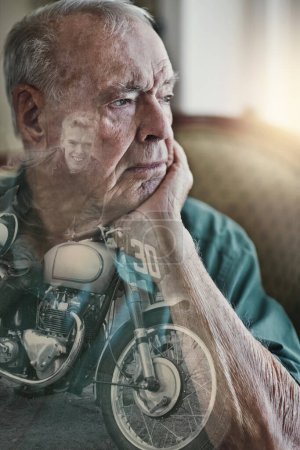 Photo for I use to be so full of life. Superimposed shot of a senior man sitting by himself - Royalty Free Image