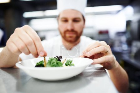 Téléchargez les photos : Faire de la belle nourriture. un chef mettant la touche finale à une assiette dans une cuisine professionnelle - en image libre de droit