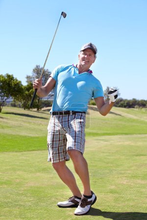 Photo for Happy golfer man, fist celebration and game on grass with winning, goal or outdoor for sports, exercise or contest. Senior guy, winner and excited at golf course with sunshine, competition or workout. - Royalty Free Image