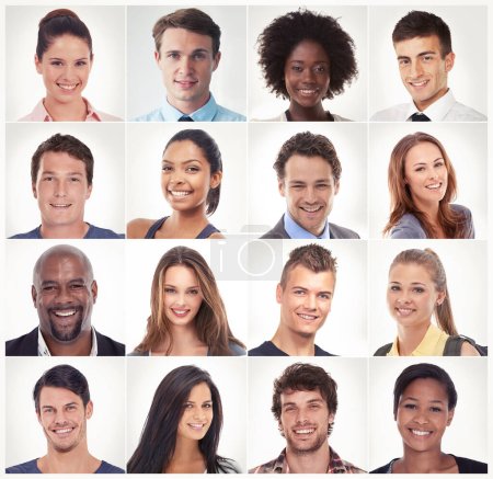 Photo for Headshot, face collage or portrait of happy people in a community, mulitcultural group with diversity. Studio montage, girl student or mosaic of men or women smiling isolated on white background. - Royalty Free Image