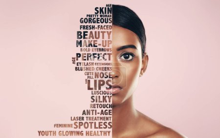 Photo for Portrait, beauty words and woman isolated on pastel pink background for skincare, self love or cosmetics promotion. Face of indian person or model in natural makeup, skin care or motivation in studio. - Royalty Free Image