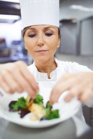 Foto de Ella solo acepta la perfección. un chef poniendo los toques finales en un plato de cena en una cocina profesional - Imagen libre de derechos