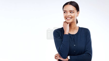 Photo for Woman, thinking and studio with happy modern female model looking at mockup for advertisement. Happiness, idea and gen z person relax with youth and smiling with isolated white background and mock up. - Royalty Free Image