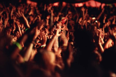 Téléchargez les photos : Une excitation palpable. Un public les mains levées lors d'un festival en plein air - en image libre de droit