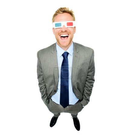 Photo for Seeing things from a different dimension. High angle shot of a handsome young businessman standing alone in the studio and wearing 3d glasses - Royalty Free Image