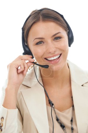Photo for Always here to help. A friendly young customer service representative wearing a headset isolated on a white background - Royalty Free Image
