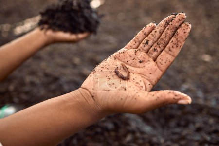 Photo for Hand of a farmer holding a worm. Closeup of a farmer holding dirt. Hand of farmer covered in soil. Farmer holding dirt in a plant nursery. Farmer on a sustainable farm holding a worm - Royalty Free Image