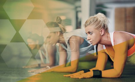 Photo for Overlay, plank and people exercise in gym for health, wellness and core strength. Workout, planking and group, women and friends exercising, abs training and teamwork practice together at sports club. - Royalty Free Image