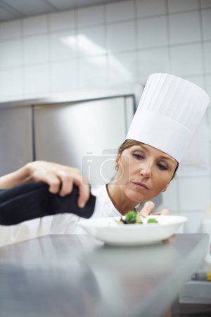 Téléchargez les photos : Prêt pour le service. un chef mettant la touche finale à une assiette dans une cuisine professionnelle - en image libre de droit
