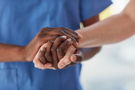 Photo for Hands, patient and nurse for healthcare in a hospital for support, trust and care. Medical doctor, caregiver or therapist helping and talking to person for hope, communication and empathy or comfort. - Royalty Free Image