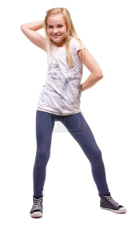 Photo for Young girl, portrait and smile with fun pose for dancing and celebration with energy. White background, studio and preteen female person with a teenager model with cute and modern fashion with dance. - Royalty Free Image