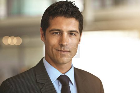 Photo for Portrait, smile and business man, professional employee or lawyer in a suit with career mindset and confidence in bokeh. Face of a corporate person, attorney worker or USA agent for job or company. - Royalty Free Image