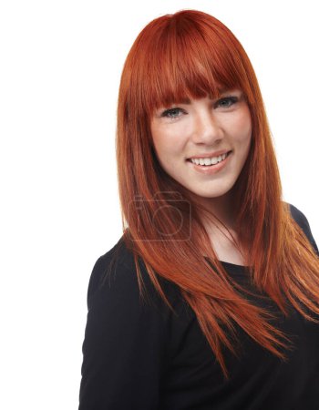 Photo for Woman, smile portrait and ginger hair care with happiness and red haircut in studio. White background, confidence and female person with happy face and cosmetics with hairstylist treatment alone. - Royalty Free Image