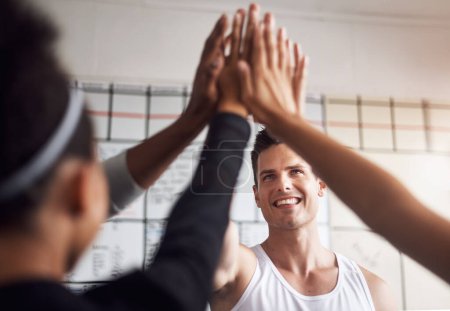 Photo for Fitness, smile and high five of people in gym for motivation, support and target. Workout, exercise and training with hands of friends in sports center for team building, challenge and achievement. - Royalty Free Image