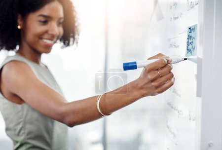 Photo for Business, glass wall and black woman writing, brainstorming or strategy in office. Planning, board and happy female person write, working on project and schedule, sticky note or info in workplace - Royalty Free Image