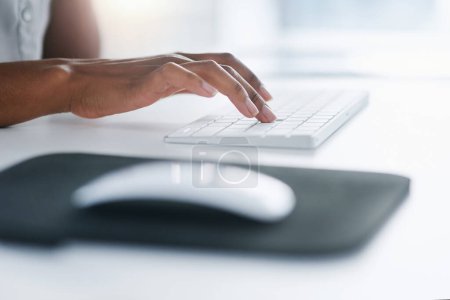 Photo for Computer, keyboard and hands of business woman in office working on proposal, online document and project. Corporate, desk and closeup of worker with pc mouse for typing email, internet and research. - Royalty Free Image