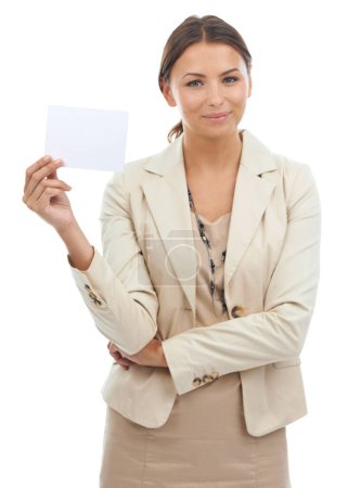 Photo for Your copyspace is in good hands. Studio portrait of a young businesswoman holding a blank card for copyspace isolated on white - Royalty Free Image