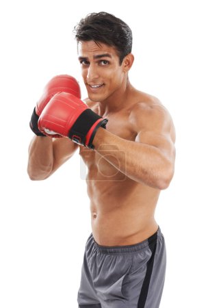 Téléchargez les photos : Il est prêt pour le grand combat. Portrait d'un beau jeune boxeur sur fond blanc - en image libre de droit