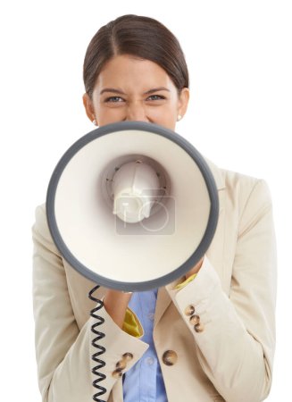 Photo for Shes got your attention. Portrait of an attractive young businesswoman shouting on a megaphone - Royalty Free Image