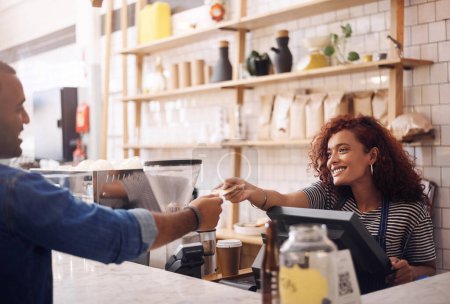 Photo for Credit card, coffee shop and happy woman with customer for payment, financial transaction and point of sales service. Finance, trade and bills at cashier in cafe, b2c shopping and restaurant store. - Royalty Free Image