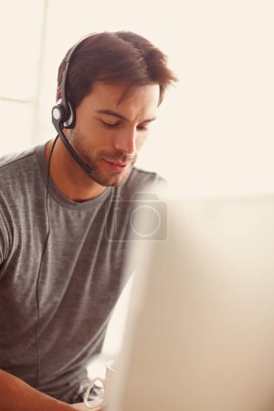 Photo for Call center, computer and man thinking of information technology, technical support and software solution for client. PC agent, online consultant or business person as virtual assistant on desktop. - Royalty Free Image