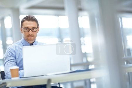 Photo for Portrait, corporate or business man on laptop for invest strategy, finance growth or financial review. CEO or analytics manager in office building planning, data analysis or economy data research. - Royalty Free Image