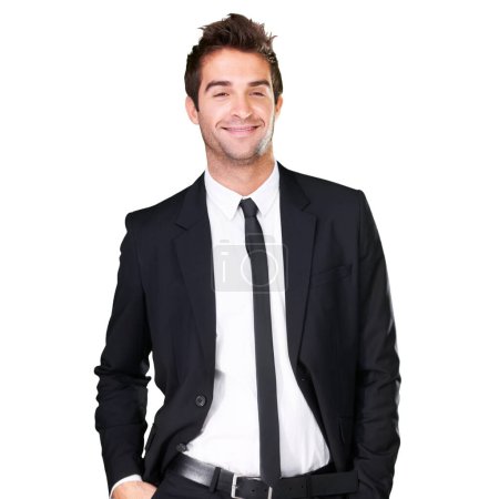 Photo for Businessman, handsome and happy in studio for suit fashion, confidence and professional style. Portrait of corporate man with smile, positive mindset and motivation, isolated on a white background. - Royalty Free Image