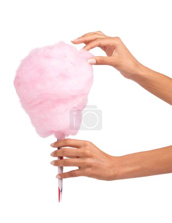 Photo for Candy floss, sweet and woman hands isolated on a white background for eating, pink food and holiday treat. Person hand holding cotton, color cone for youth birthday, childhood and festival in studio. - Royalty Free Image