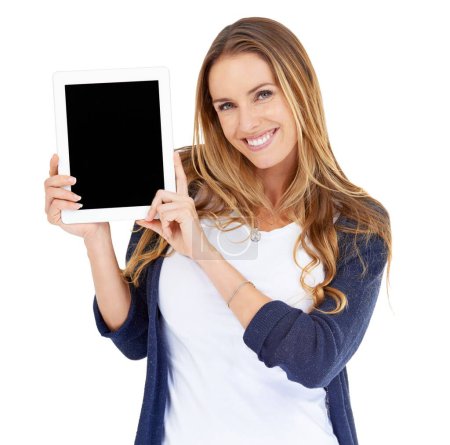 Photo for Tablet screen, space and woman in portrait isolated on white background of website design or advertising mock up. Happy person or online user with digital technology, application and mockup in studio. - Royalty Free Image