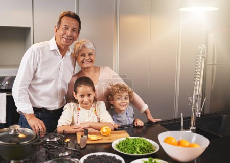 Photo for Portrait, grandparents or happy kids cooking food for a healthy dinner with fresh organic green vegetables. Senior or kids with grandmother or old man for a lunch diet in a house kitchen together. - Royalty Free Image