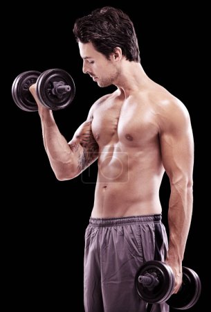 Photo for Strong man, dumbbell and workout on black background, dark studio and energy for sexy six pack abs. Bodybuilder, sports athlete and curling biceps with weights for fitness, exercise and muscle growth. - Royalty Free Image