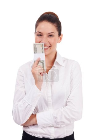 Photo for Portrait, money and happy woman laugh with cash prize, finance award or job salary, income or revenue dollars. Financial freedom achievement, studio winner and business person on white background. - Royalty Free Image