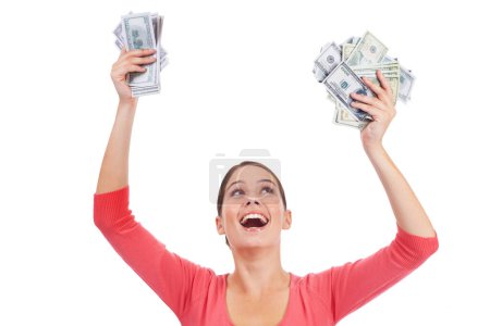 Photo for Money celebration, wow and studio woman excited for lotto win, competition prize or cash dollar award. Finance, payment or casino gambling, bingo or female poker winner isolated on white background. - Royalty Free Image