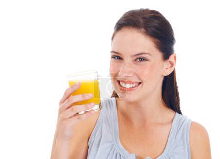 Photo for Orange juice, portrait and studio woman with glass drink for hydration, liquid detox or natural weight loss. Nutritionist wellness, vitamin c and happy female person isolated on white background. - Royalty Free Image