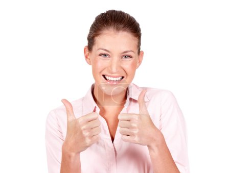 Photo for Happy woman, portrait and hands in thumbs up for winning, success or good job against a white studio background. Female person smiling showing thumb emoji, yes sign or like for approval or agreement. - Royalty Free Image