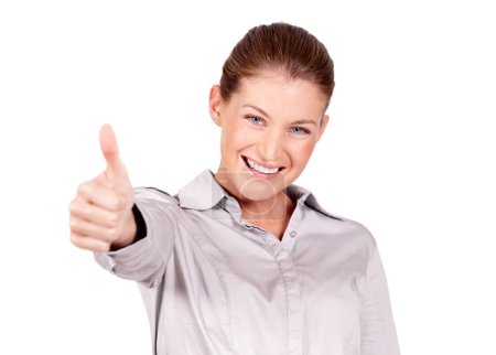 Photo for Happy woman, portrait smile and hand in thumbs up for success, winning or good job against a white studio background. Female person smiling and showing thumb emoji, yes sign or like for approval. - Royalty Free Image
