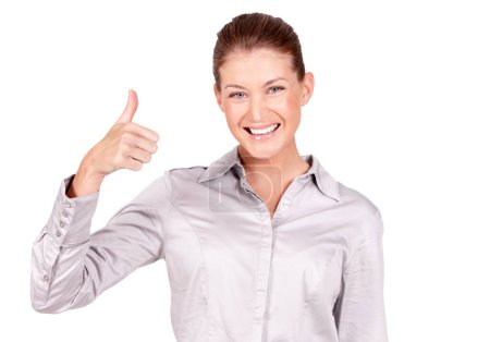 Photo for Happy woman, portrait and hand in thumbs up for achievement, success or winning against a white studio background. Female person with smile and showing thumb emoji, yes sign or like for approval. - Royalty Free Image