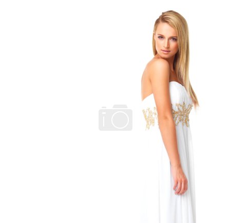 Téléchargez les photos : Fashion, beauty and portrait of woman in prom dress for party, celebration and formal event and mockup. Couture, designer and luxury with girl in evening gown for style, elegant and wedding in studio. - en image libre de droit