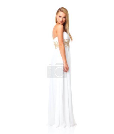 Téléchargez les photos : Fashion, beauty and portrait of woman in prom dress for party, celebration or formal with mockup. Couture, designer or luxury with girl in evening gown isolated on white background for elegant style. - en image libre de droit
