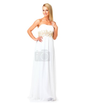 Photo for White dress on elegant, fashion and beauty woman ready for prom, wedding or formal event against a white studio isolated background. Bride or bridesmaid feeling confident in a luxury designer gown. - Royalty Free Image