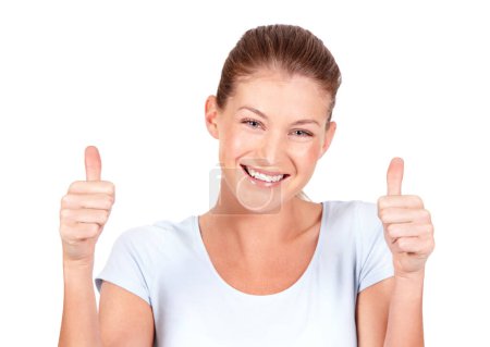 Photo for Happy woman, portrait smile and thumbs up for winning, success or good job against a white studio background. Female person smiling showing thumb emoji, yes sign or like for approval or agreement. - Royalty Free Image