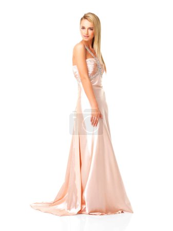 Photo for Fashion, beauty and portrait of woman in prom dress for party, celebration and formal event with mockup. Couture, designer and luxury with girl in evening gown for ball, elegant and wedding in studio. - Royalty Free Image